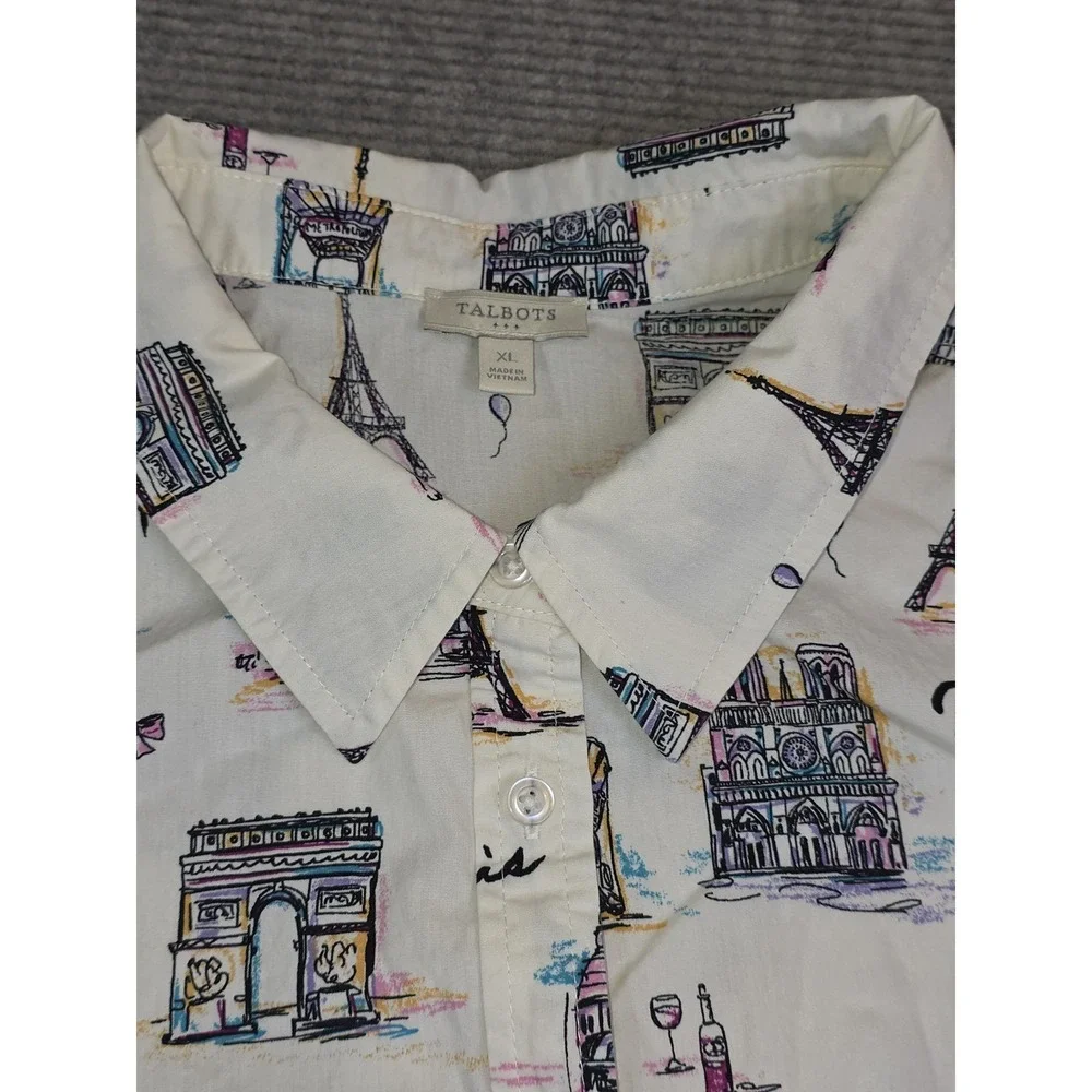 Talbots Womens White Paris Arch Eiffel Tower Notre-Dame Shirt XL Button Down